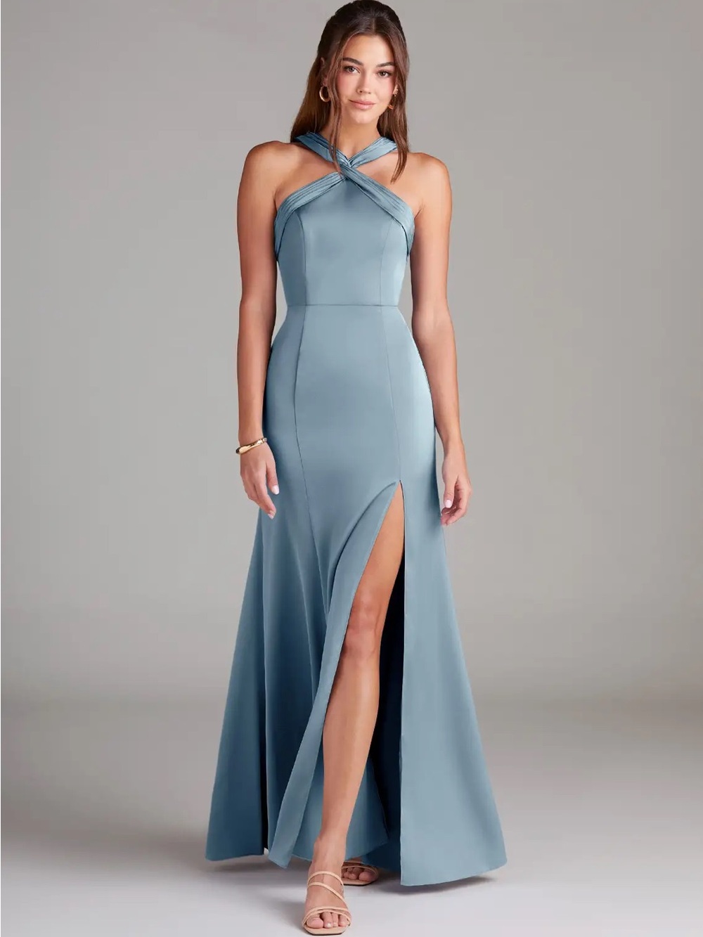 Azazie Dusty Blue Crisscross Halter Maxi Dress